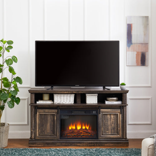 Modern Entertainment Console TV Stand With 23  Fireplace Insert, Multipurpose Sliding Door TV Cabinet Large Storage Space, 58.11  W  15.79  D  32.36  H Antique Brown